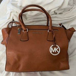 MICHAEL Michael Kors Large “Sophie” Leather Satchel Bag in Saddle color